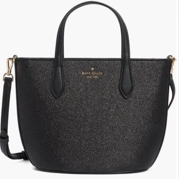 Kate Spade NWT Black Leather Shimmer Removable Crossbody Strap Satchel Tote Bag - Picture 1 of 7